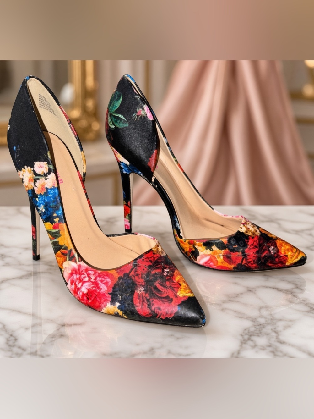 Floral Print Pointed-Toe High Heels - Black Multi